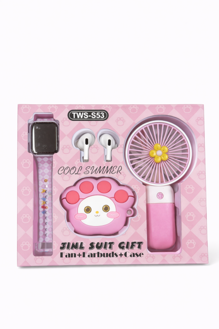 طقم هدايا إلكتروني 3×1 (مروحة + سماعات + كفر) – TWS-S53